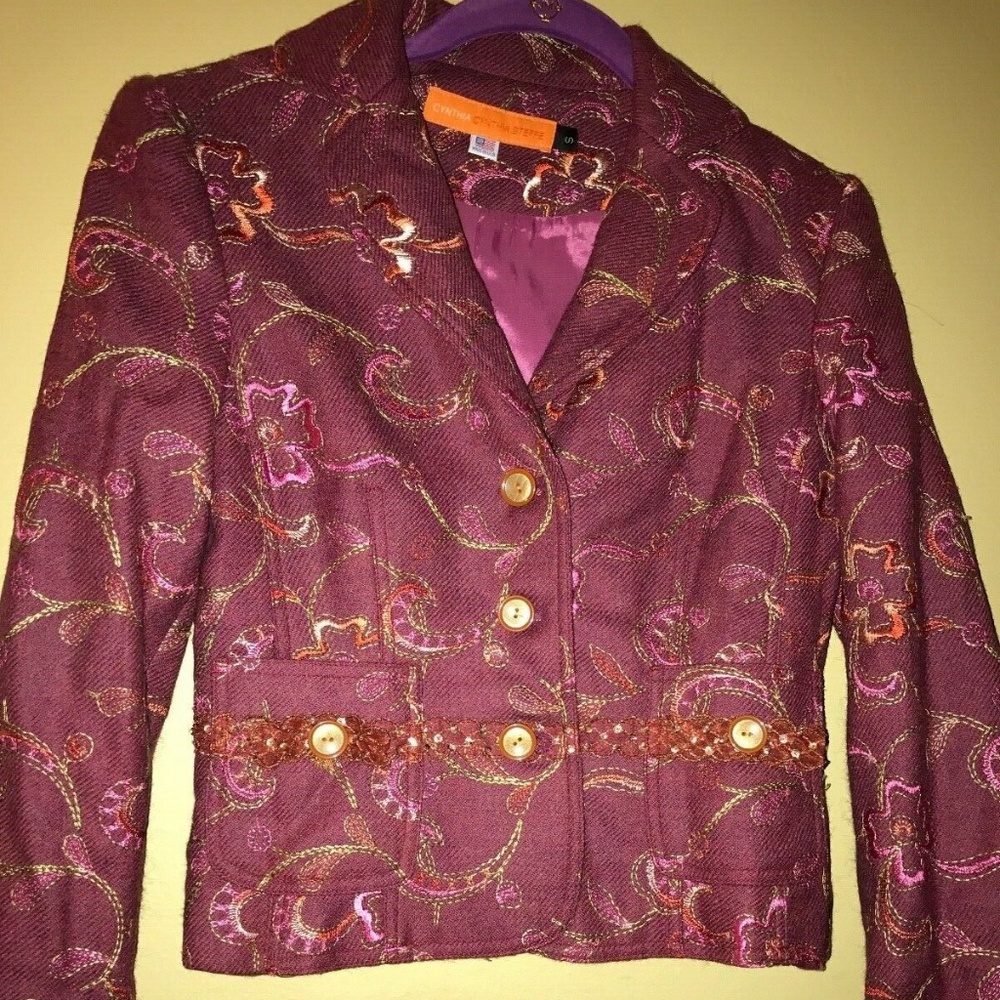 Cynthia Steffe Neiman Marcus Sequin Embroidered Purple Pink Wool Blazer